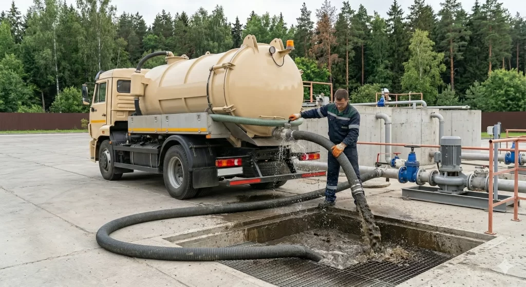 Professional septic tank pumping truck servicing a residential home