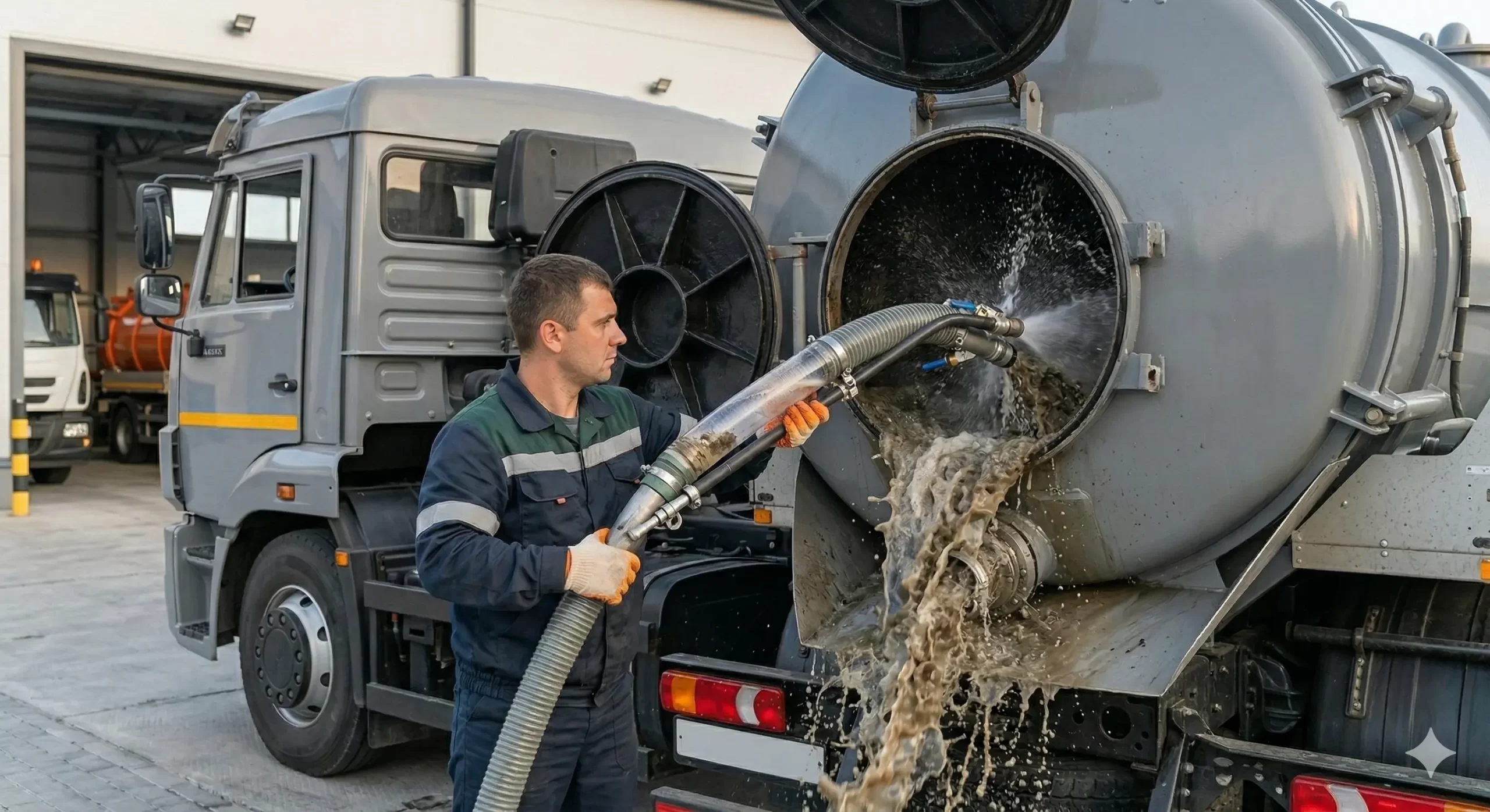 Professional septic tank pumping truck servicing a home to resolve yard sewage smells and prevent drain field failure