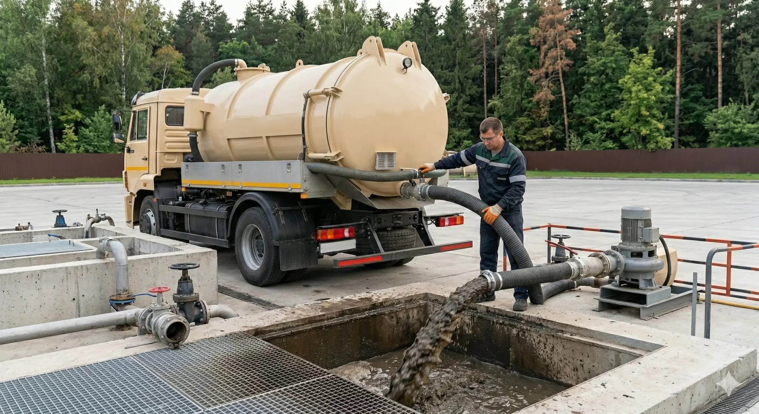 Technician inspecting open septic tank lid