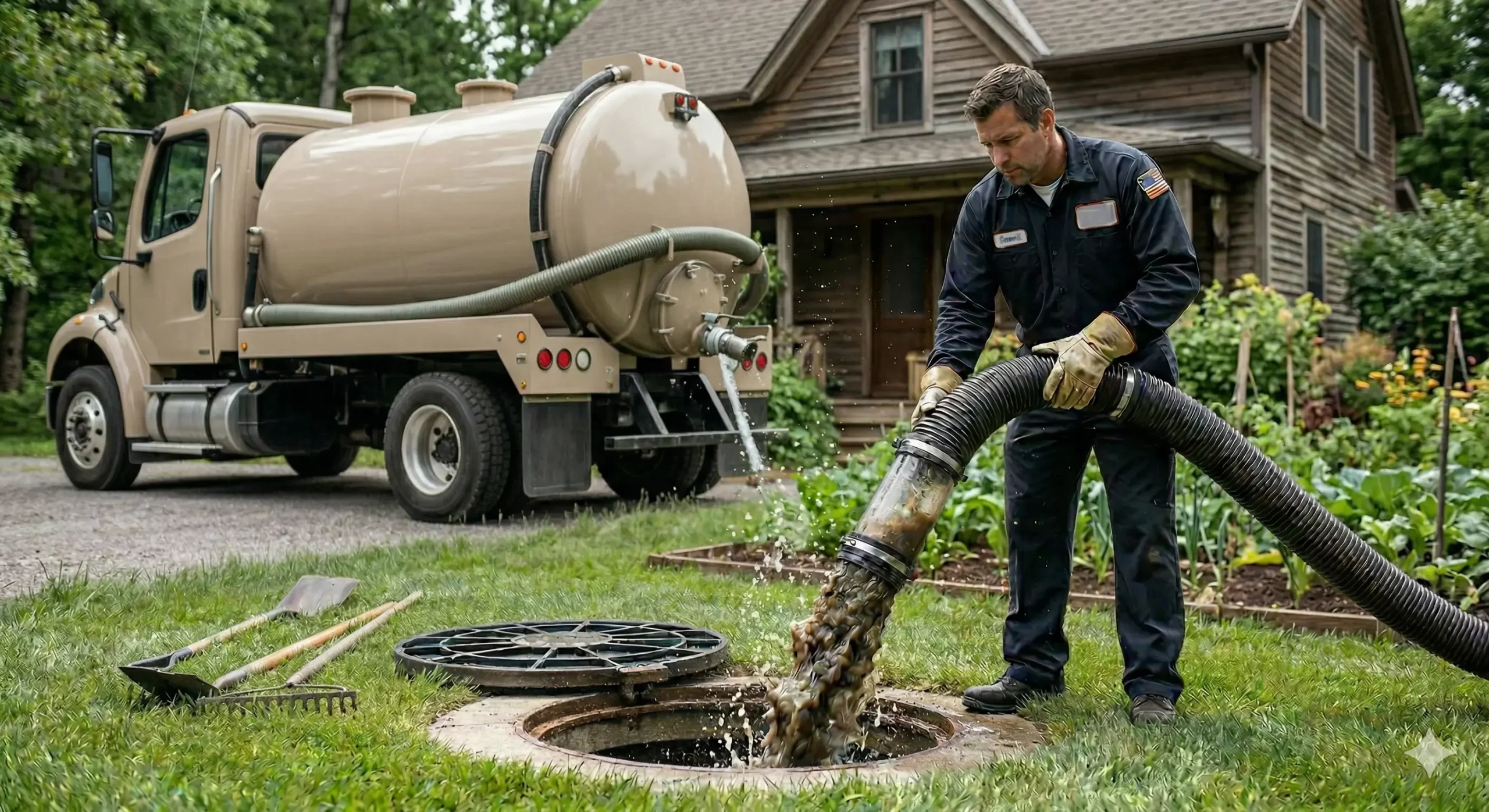 Septic pump truck hose in yard
