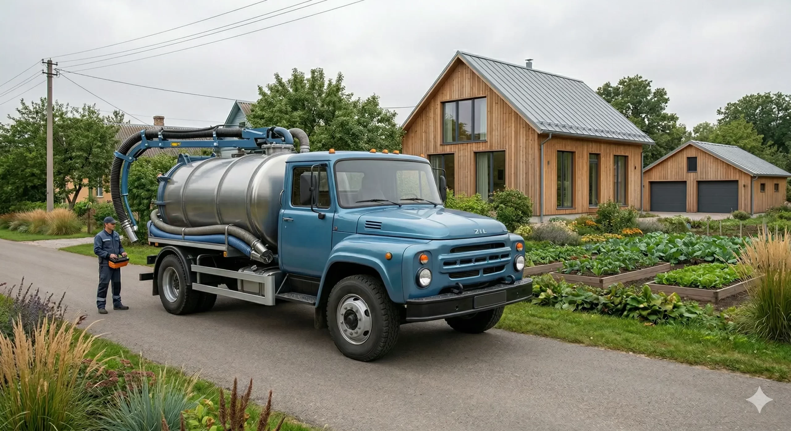 Professional excavator and septic truck safely decommissioning a residential septic tank to connect to city sewer