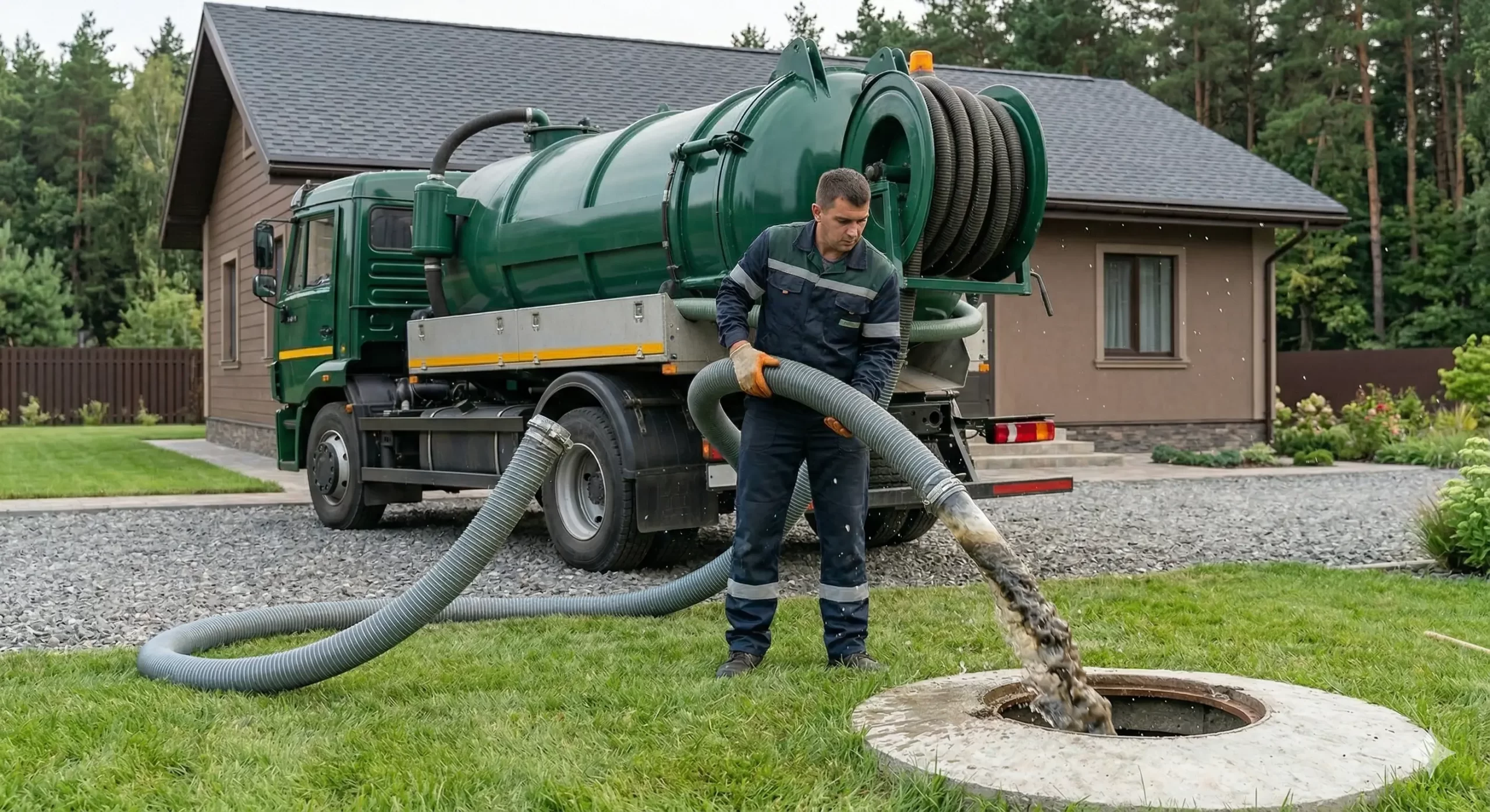Professional septic tank pumping truck servicing a home to prevent system failure and costly drain field replacement