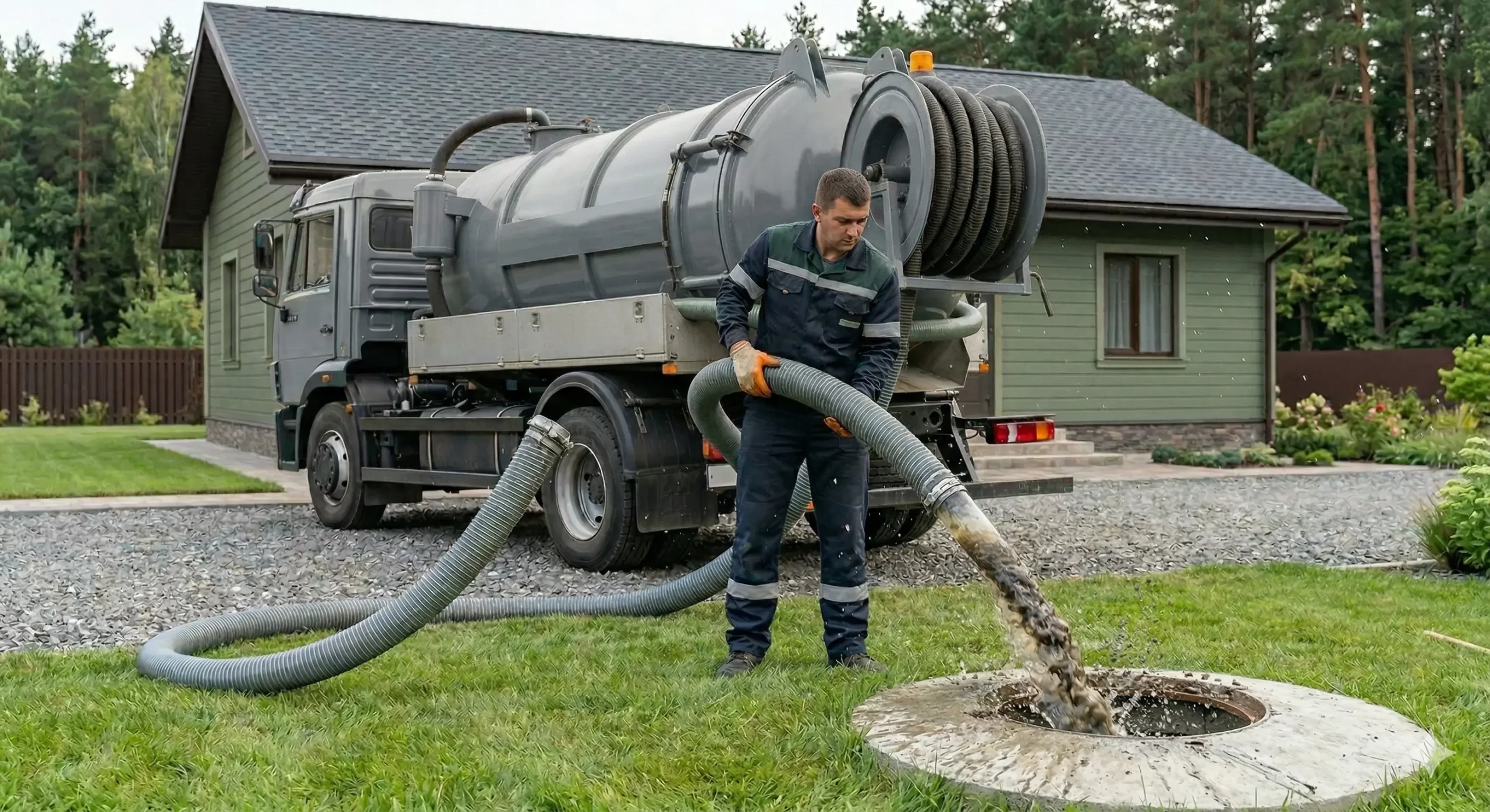 Plumber using a high-pressure hydro-jetter to clear a massive clog of flushable wipes from a residential sewer line