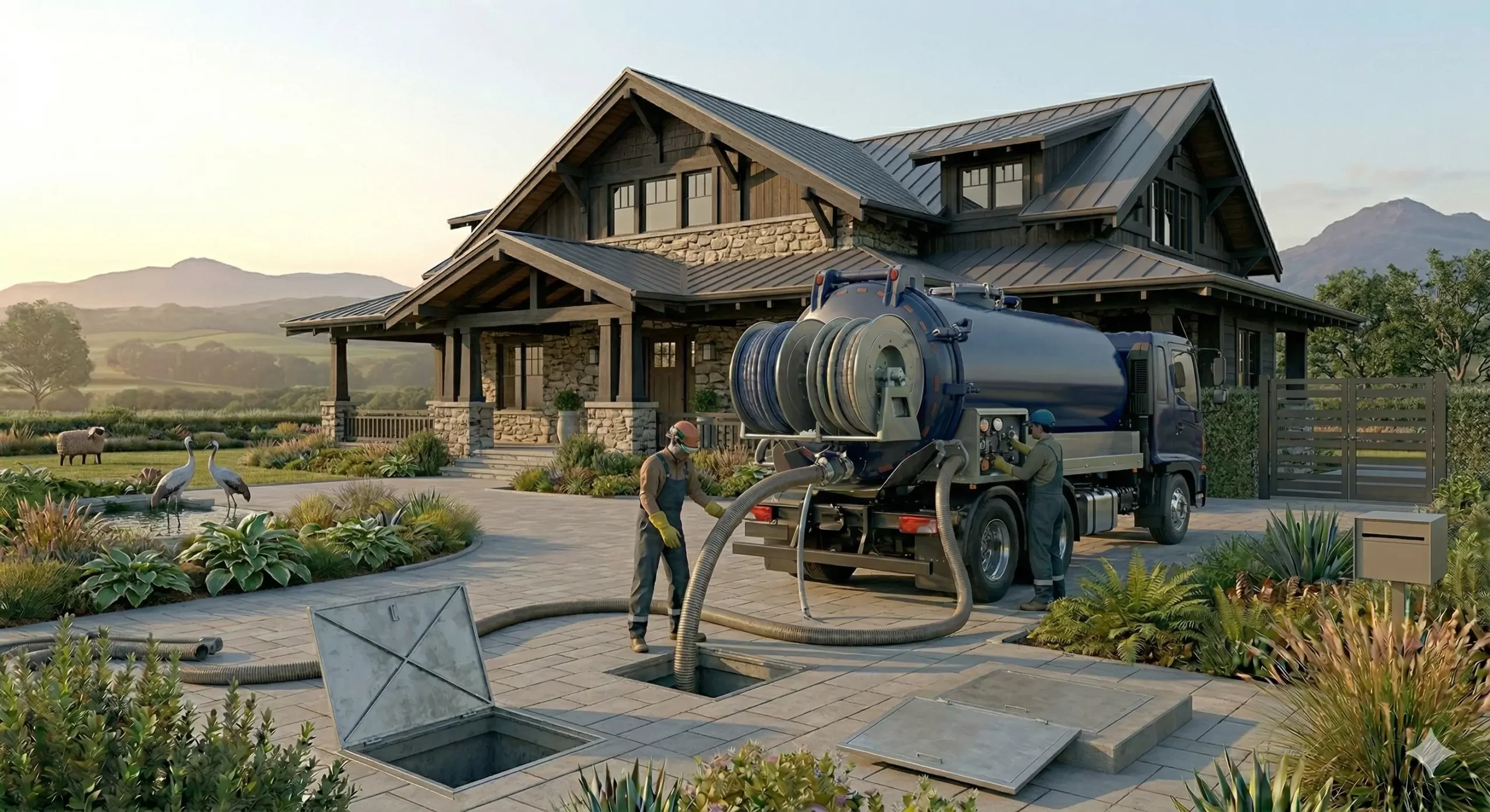 Septic service truck with long hose extension
