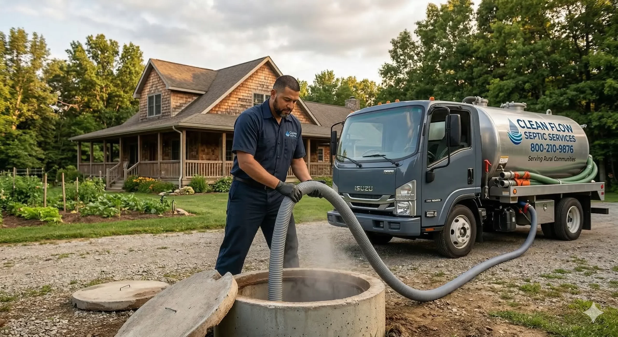 Professional septic technician performing tank pump out and system inspection