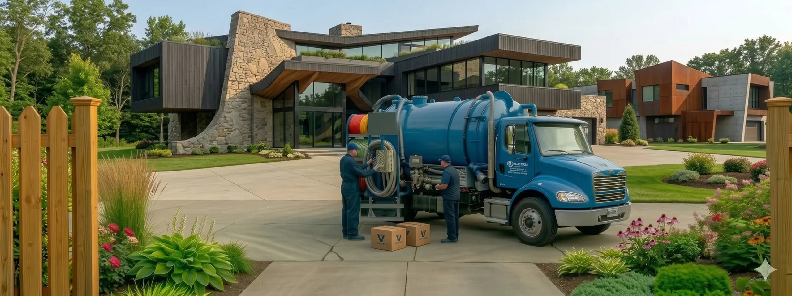 Emergency septic pumping service truck responding to a residential sewage backup