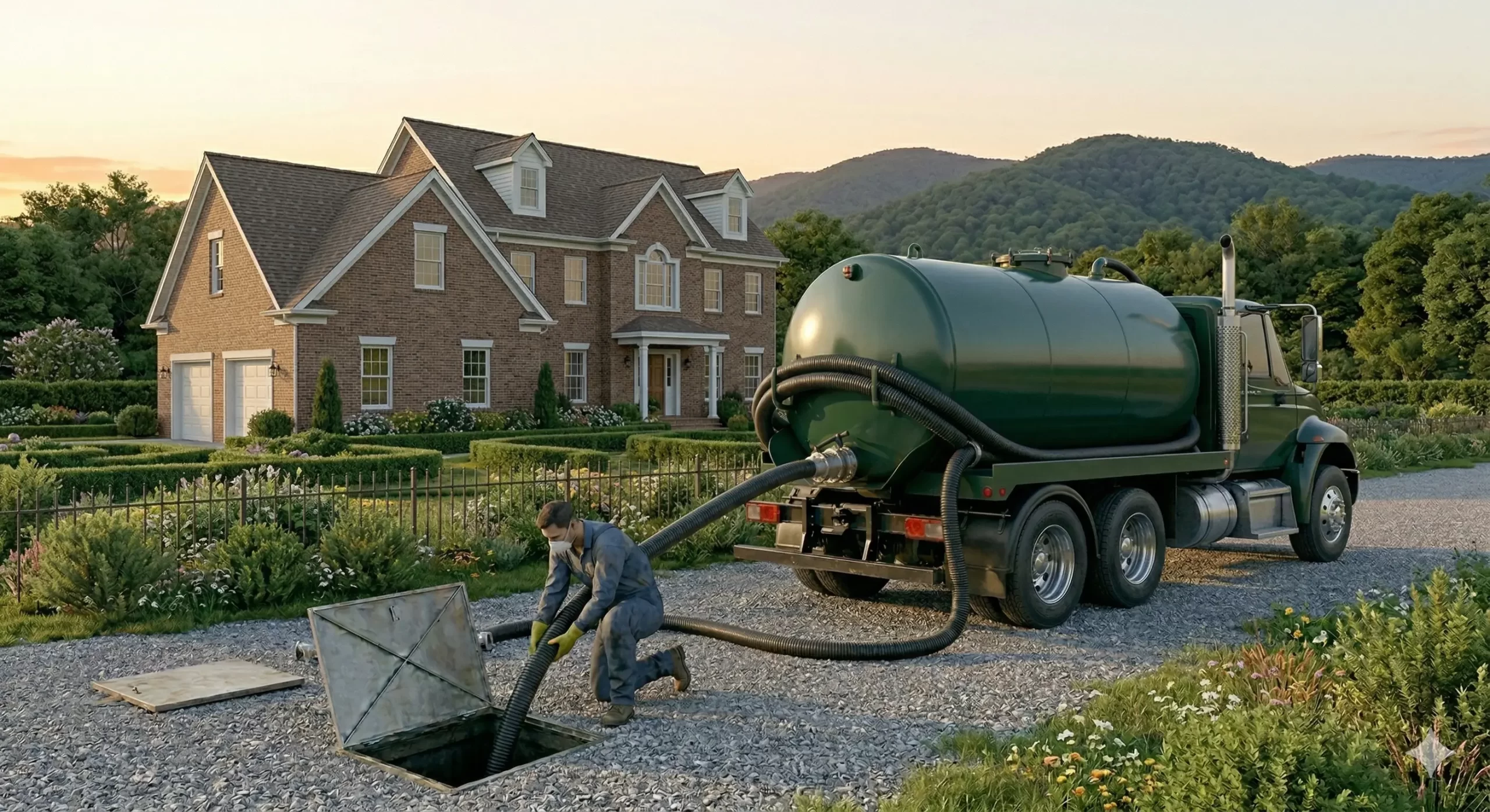 TCEQ compliant septic tank pumping vacuum truck servicing a Texas residential OSSF system