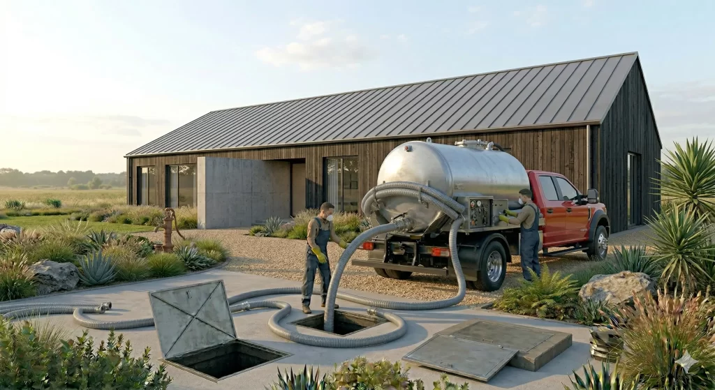 A frustrated Texas homeowner looking at a failing grandfathered conventional septic drain field with surface pooling, facing a forced aerobic ATU upgrade.