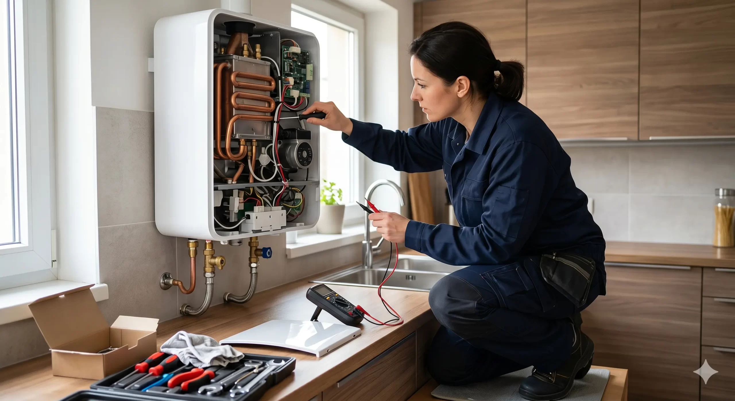 Plumber performing tankless water heater maintenance in an Arkansas utility closet.