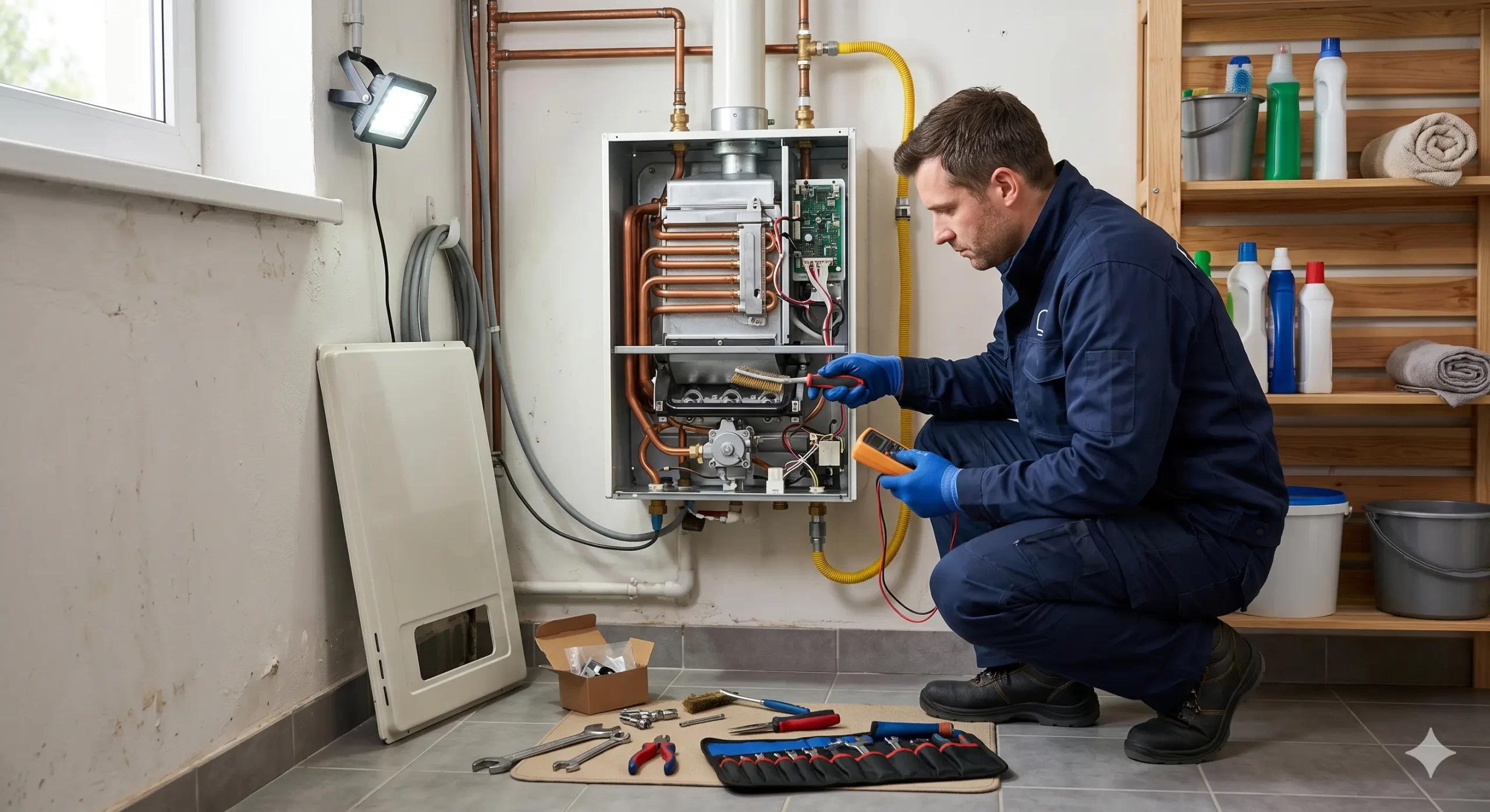 Expert installing a new tankless water heater in a Kearney home.