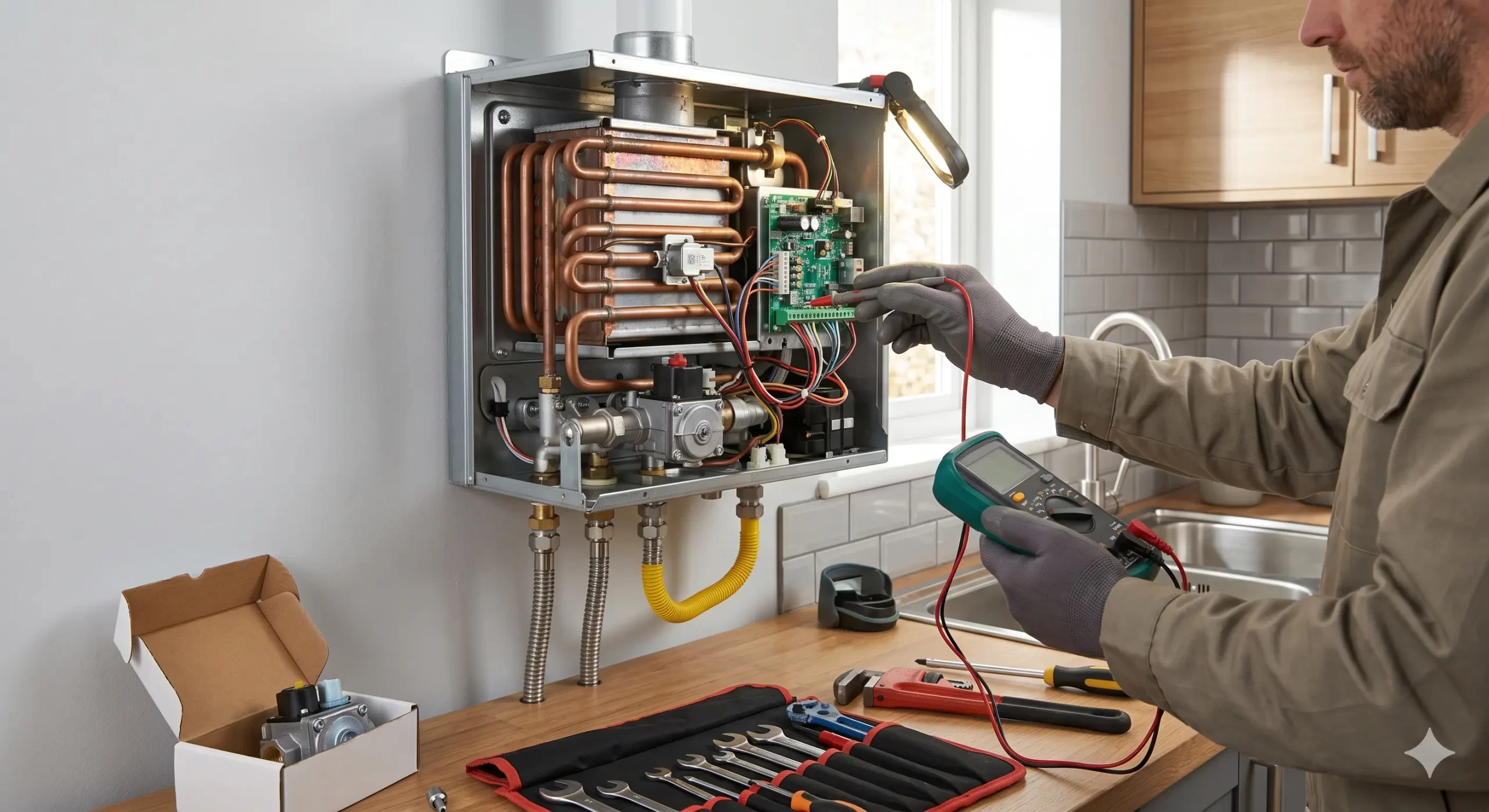 Expert plumber completing a high-efficiency tankless water heater installation in a rainy Washington setting.