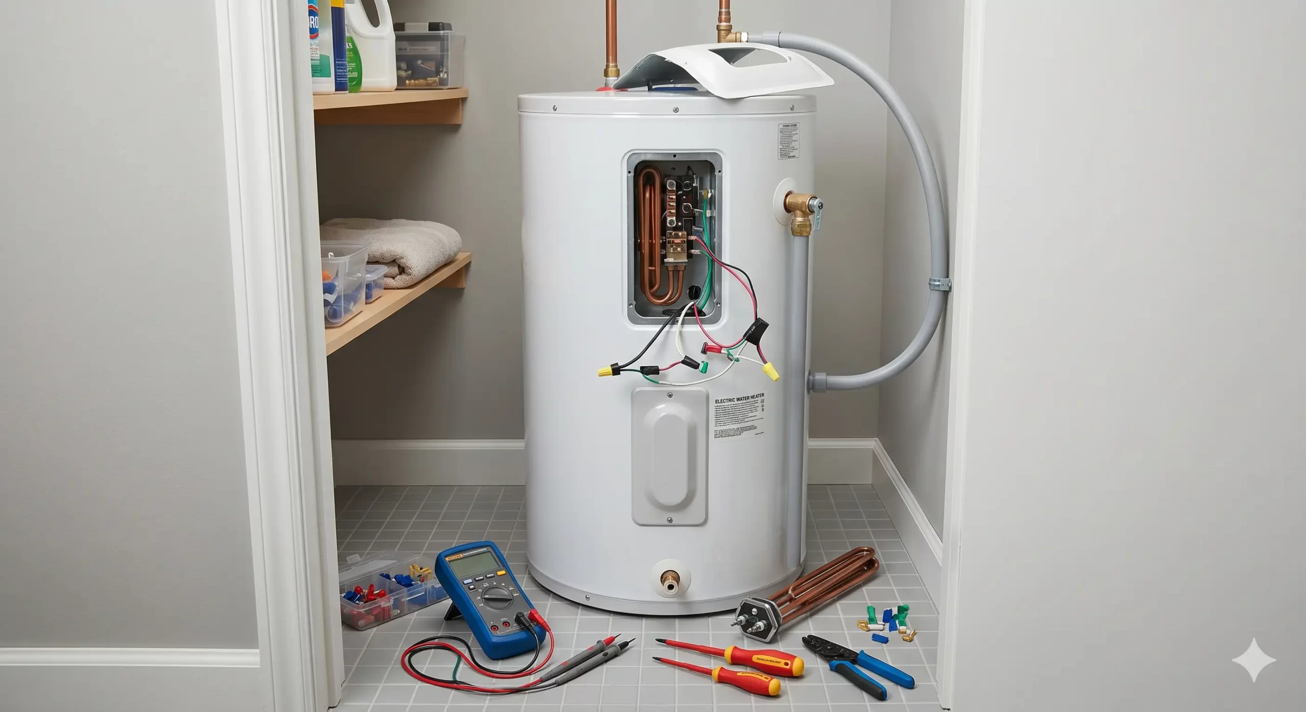 A close-up photograph showing the two heating elements of an electric water heater, with the lower element visibly covered in thick mineral scale and sediment.