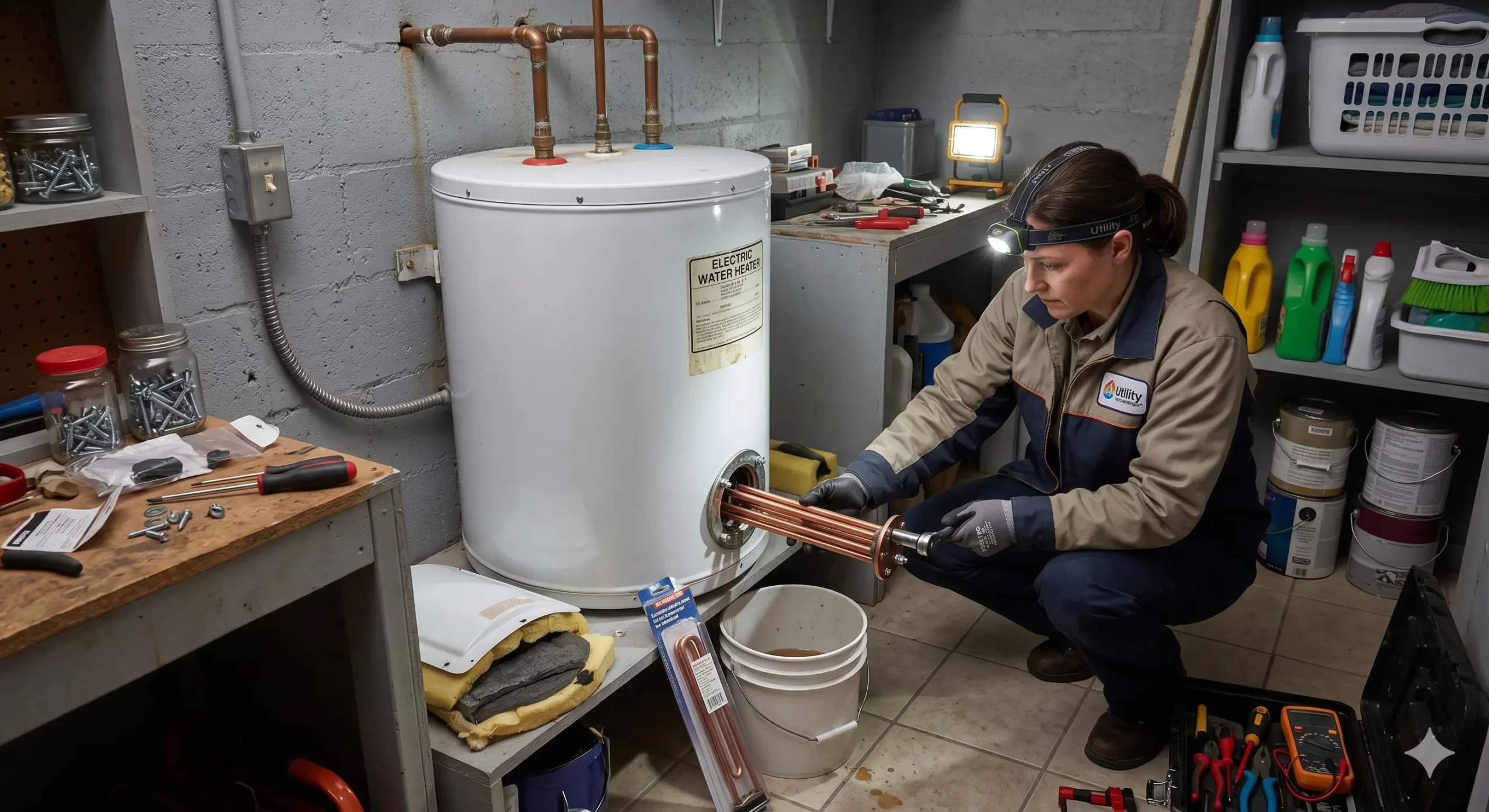 A close-up image of a technician testing the heating element on an electric water heater.