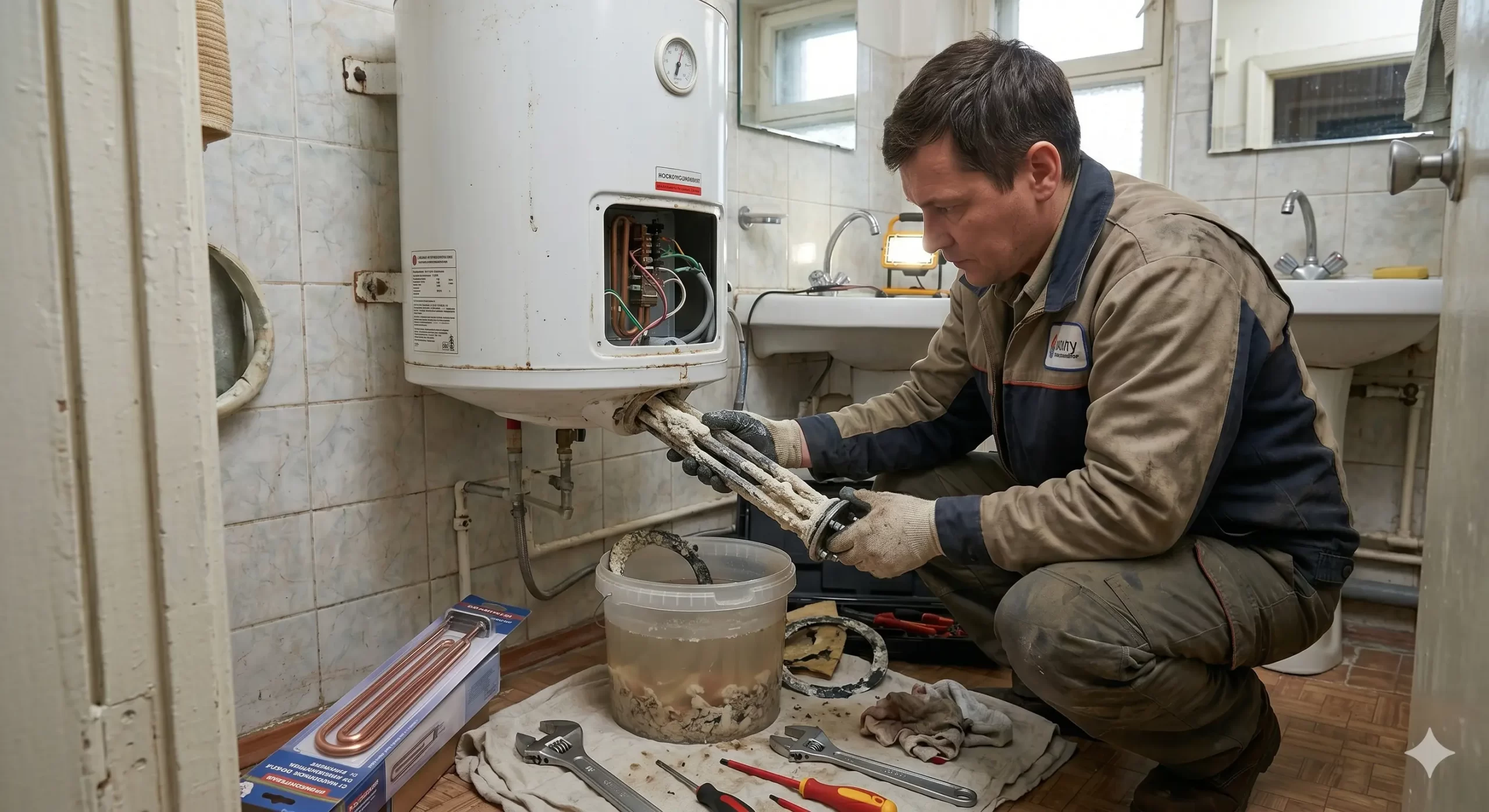 Replacing a mineral-scaled element on an electric water heater in Oregon.