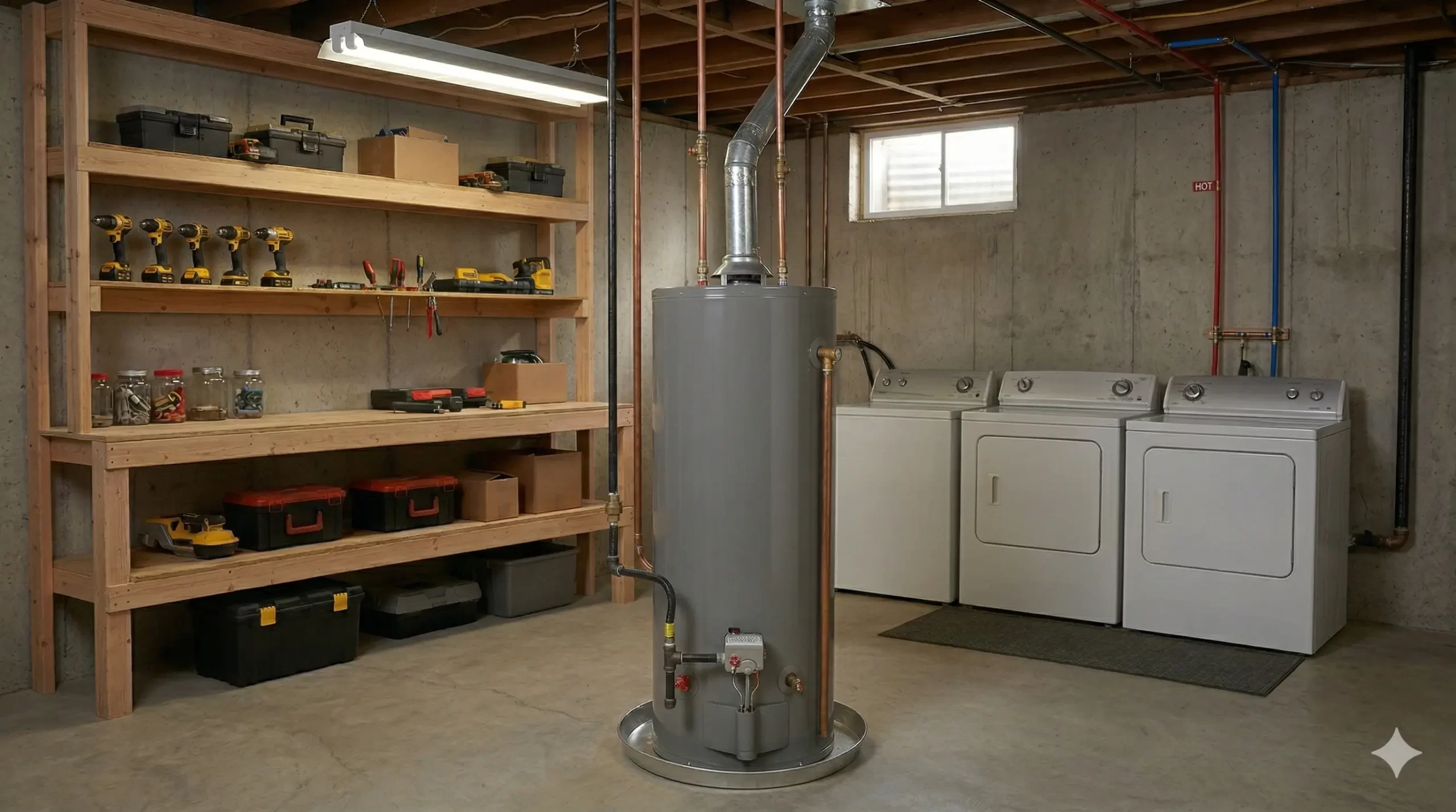 Technician repairing a gas water heater in a Virginia basement.