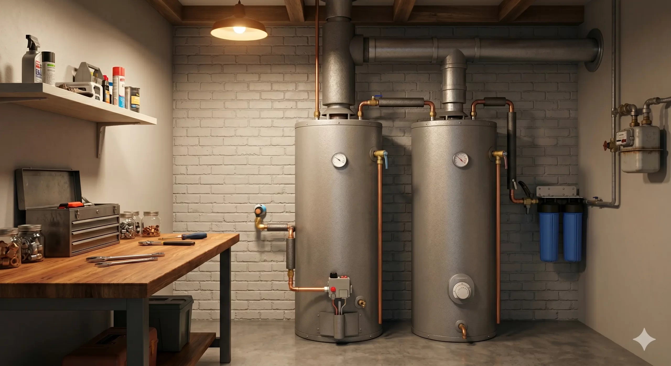 A photo of a professionally installed gas tank water heater in a Slaton, TX garage.