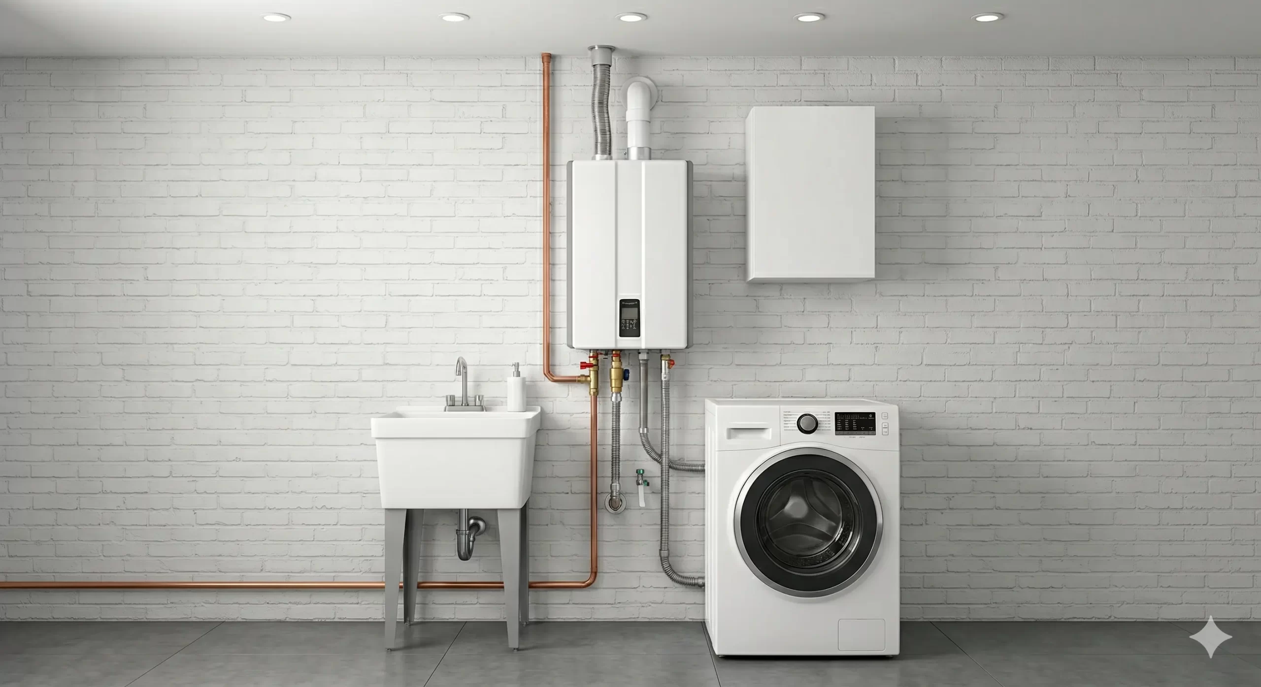 A professional plumber inspecting a gas water heater with a blue flame visible in the burner chamber.