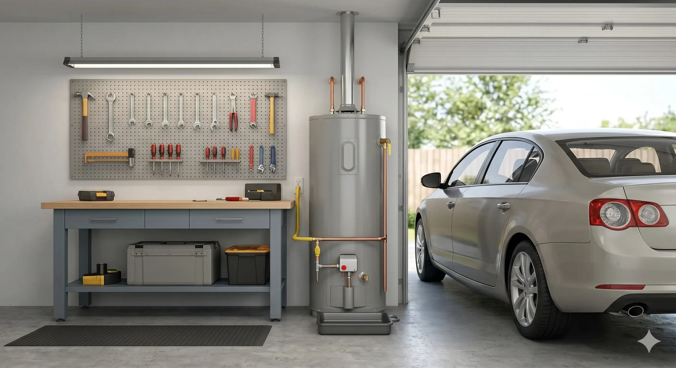 Technician repairing a gas water heater in an Arkansas garage.
